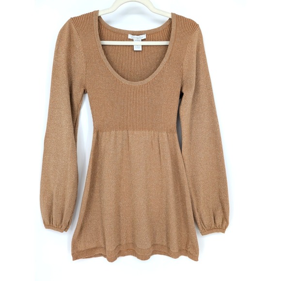 VTG Y2K Charlotte Russe Gold Metallic Babydoll Ribbed Balloon Sleeve Knit Top L - Picture 2 of 15